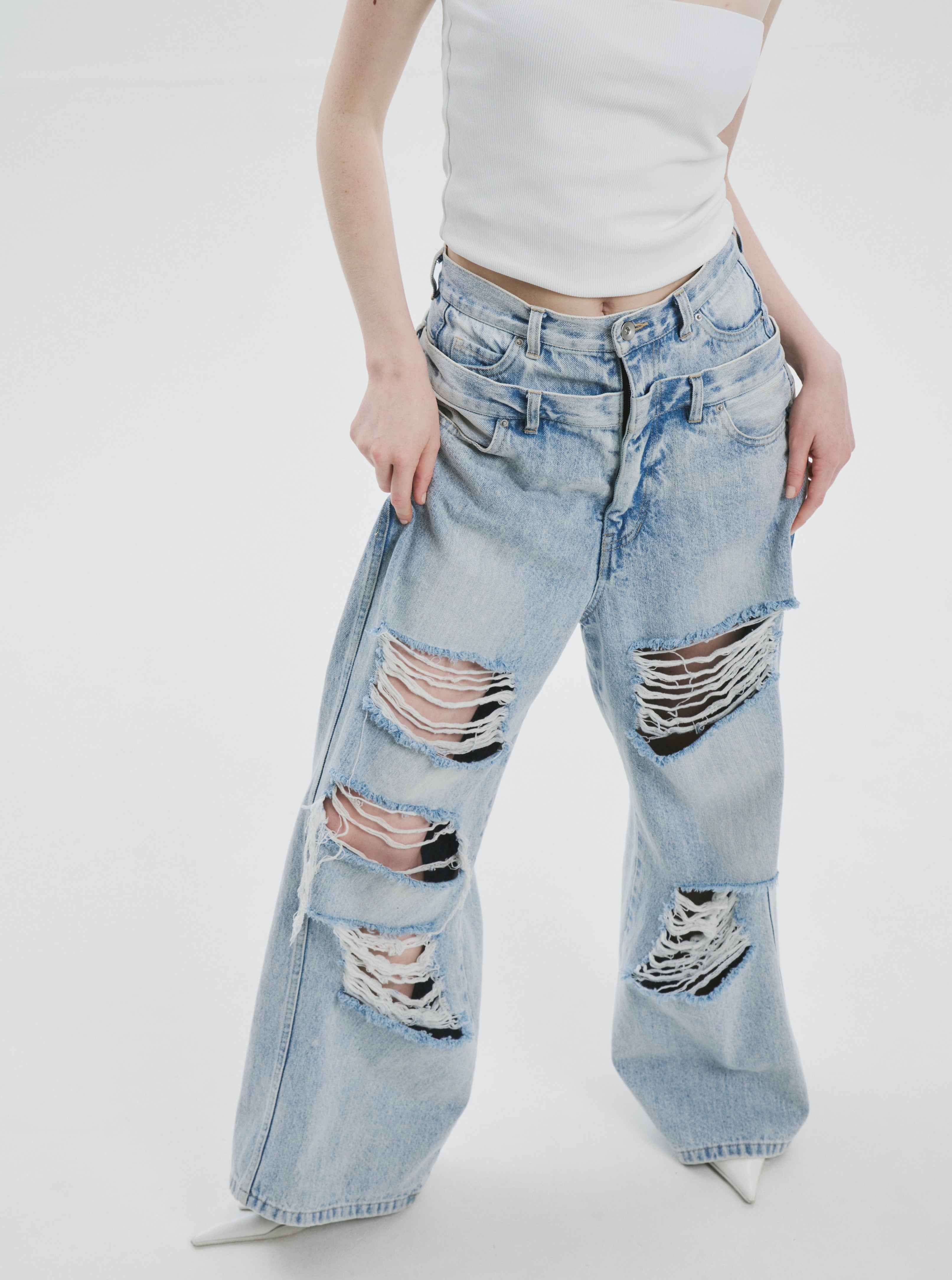 Lexington double belt denim pants