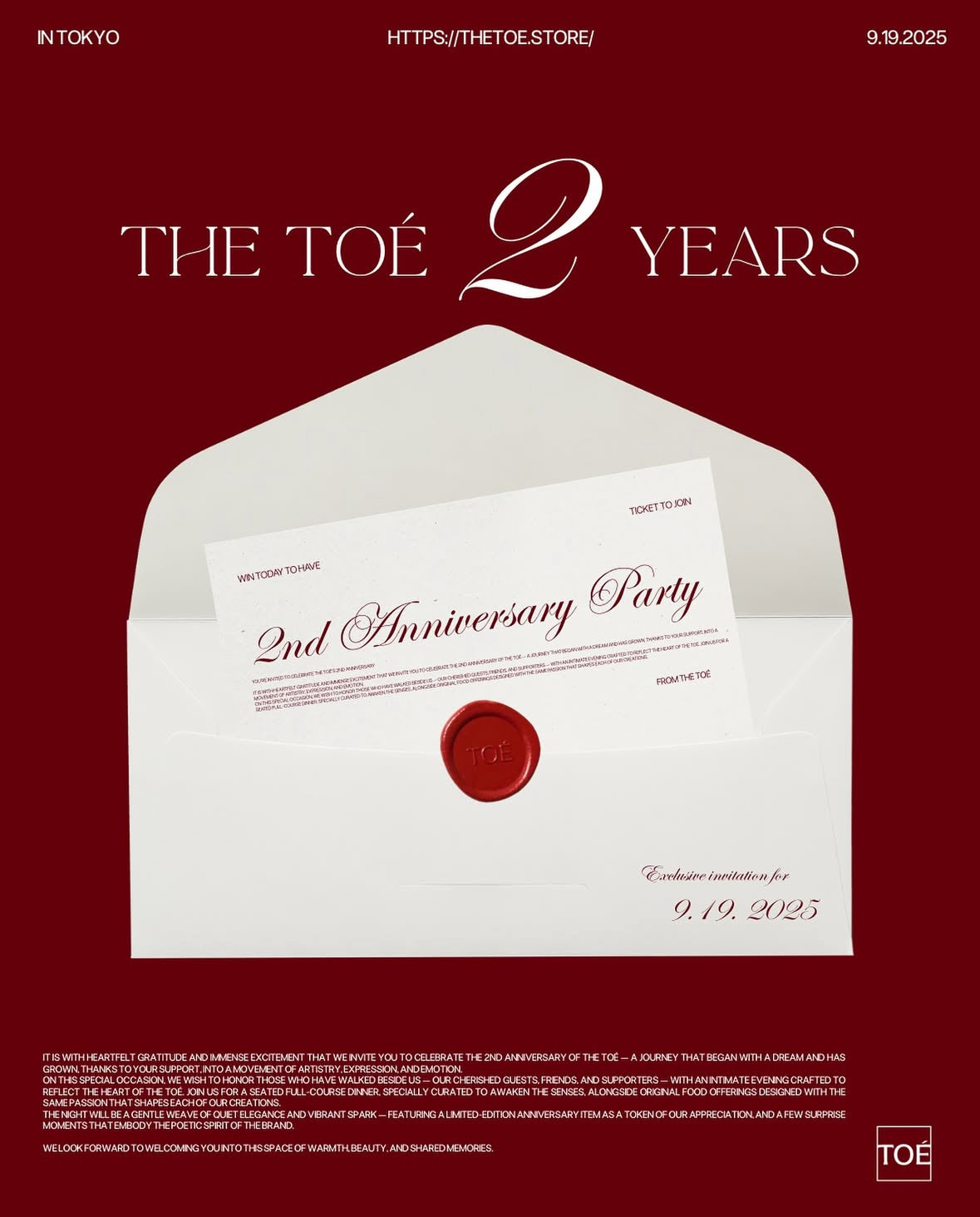 THE TOÉ 2nd Anniversary Party TICKET -  PLATINUM -